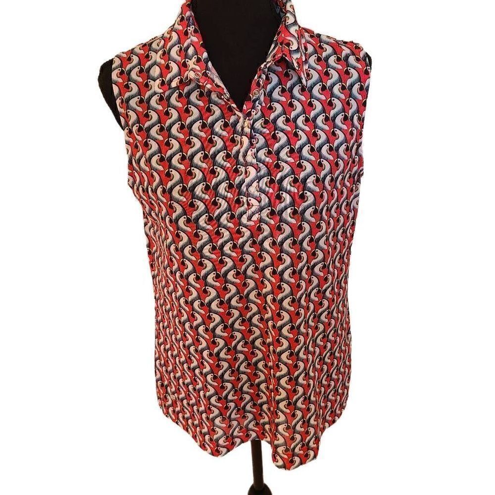 Daily Sports Women Athletic Golf Top Bird Print Polo Style Coral White Medium